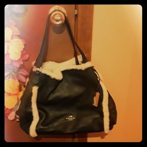 Coach leather bag with fur trim
